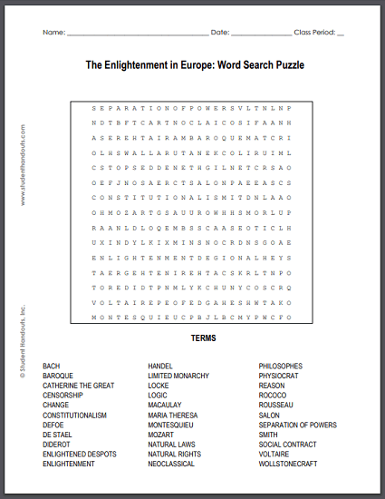 The Enlightenment in Europe - Word Search Puzzle - Free to print (PDF file) for high school World History or European History students.
