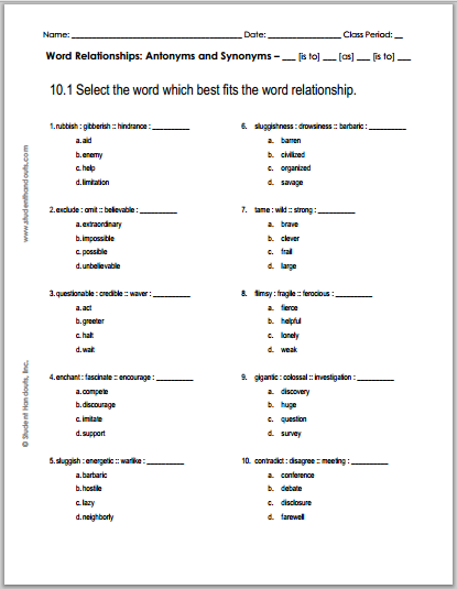 10.1 Word Relationships Quiz - Free to print (PDF file).