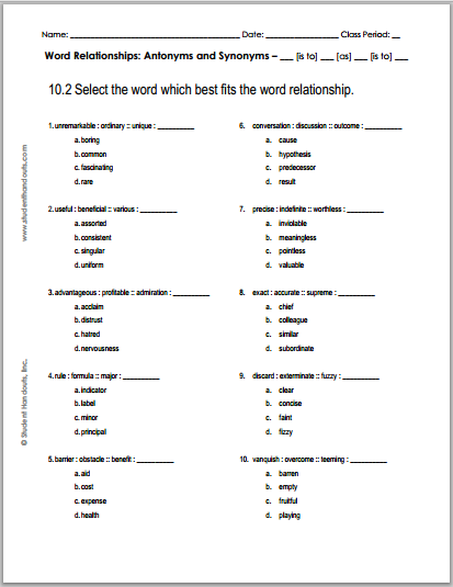 10.2 Word Relationships Quiz - Free to print (PDF file).