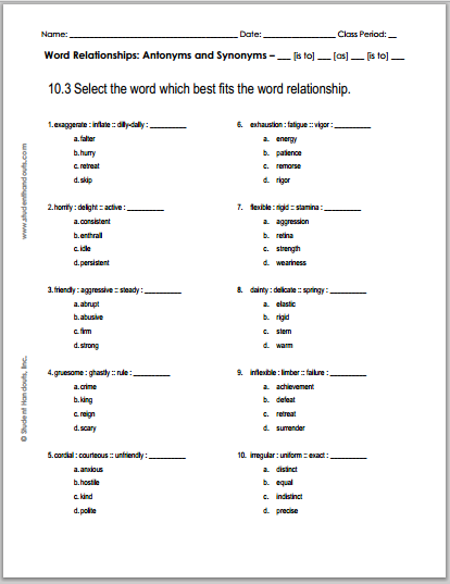 10.3 Word Relationships Quiz - Free to print (PDF file) for high school standardized test prep.