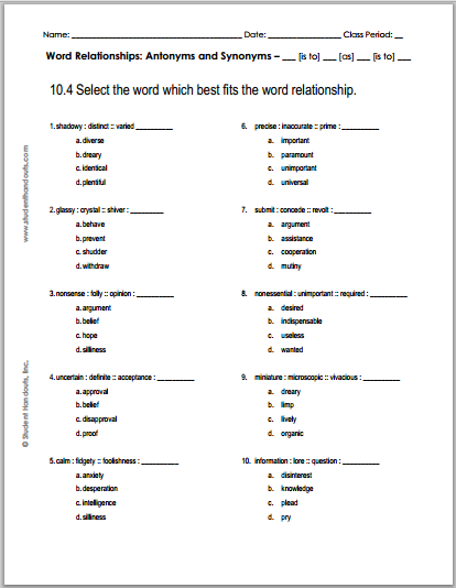 10.4 Word Relationships - Verbal reasoning quiz is free to print (PDF file).