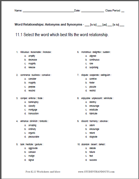 11.1 Word Relationships Worksheet - Test students' verbal reasoning skills with this free printable quiz (PDF file).