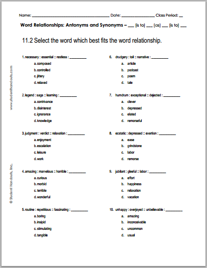 11.2 Word Relationships Worksheet - Free to print (PDF file) for high school English Language Arts students.
