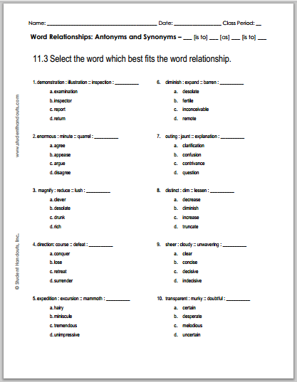11.3 Word Relationships Quiz - Handout is free to print (PDF file) for high school English Language Arts students.