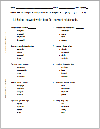 11.4 Word Relationships Quiz - Handout is free to print (PDF file) for high school English Language Arts students.