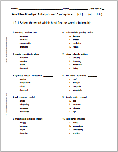 12.1 Word Relationships Worksheet - Free to print (PDF file).