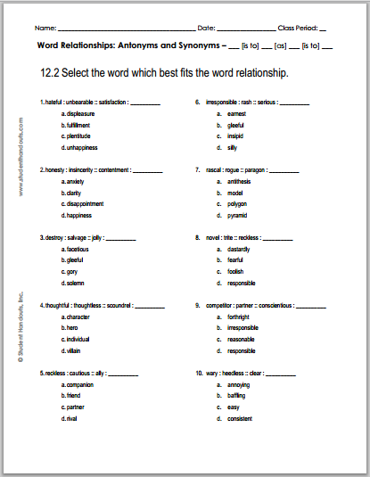 12.2 Word Relationships Worksheet - Free to print (PDF file).