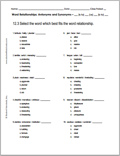 12.3 Word Relationships Worksheet - Free to print (PDF file).