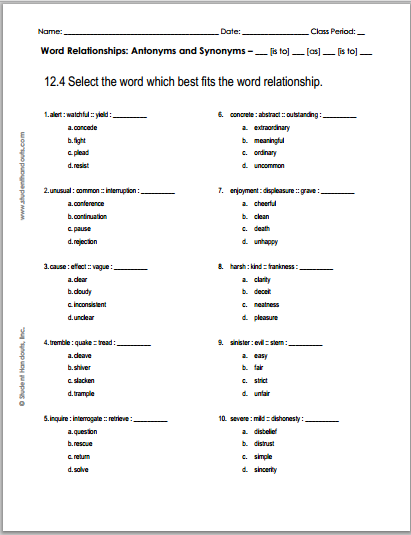 12.4 Word Relationships Worksheet - Free to print (PDF file).