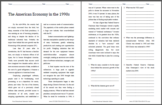 The American Economy in the 1990s Reading with Questions - Free to Print for High School United States History