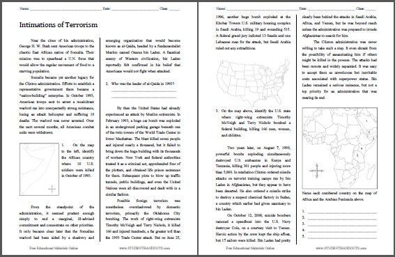 Intimations of Terrorism Reading with Questions for United States History