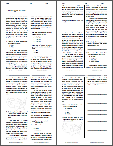 The Struggles of Labor - Free printable reading with questions (PDF file) for high school United States History courses.