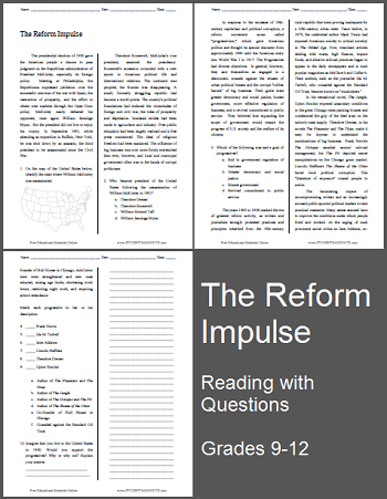"The Reform Impulse" Reading with Questions for High School United States History Students