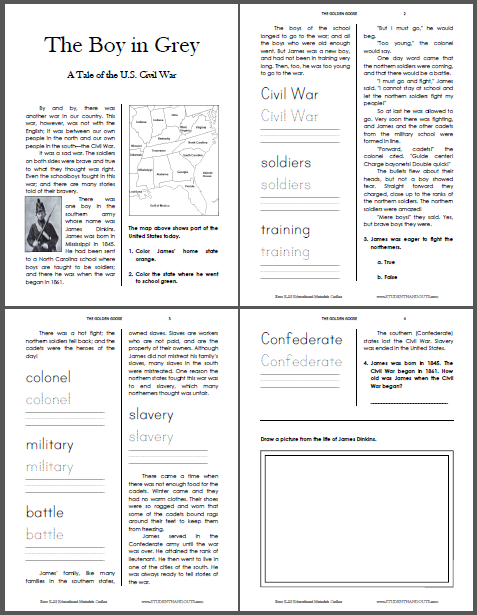 The Boy in Grey Civil War Workbook - For lower elementary. Free to print (PDF file).