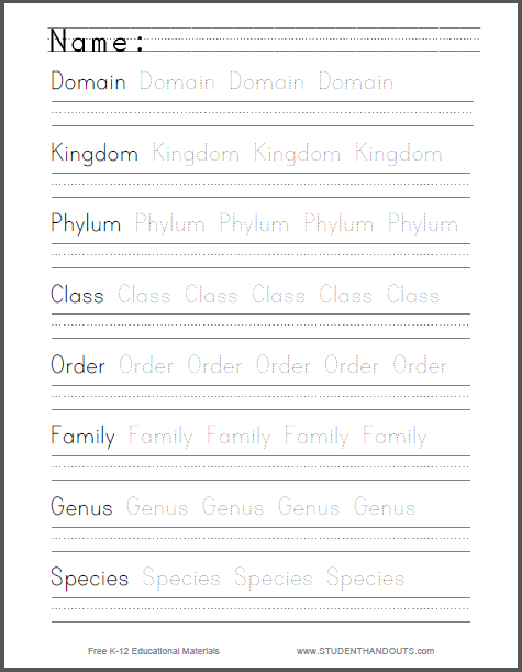 Life Classification Handwriting and Spelling Sheet - Free to print (PDF file). Lower elementary Science students get handwriting and spelling practice while learning about how life is organized (domain, kingdom, phylum, class. order, family, genus, and species).