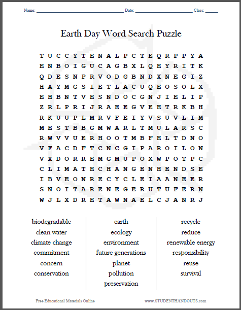 Earth Day Word Search Puzzle - Free to print (PDF file).