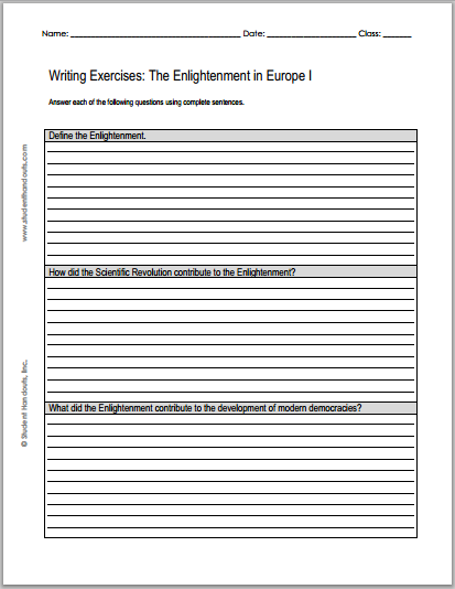 Enlightenment Writing Exercises - Free to print. Two worksheets, each with three short essay questions.