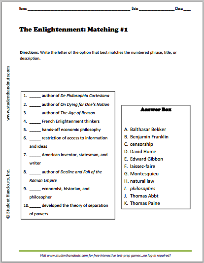 Enlightenment Matching Worksheets - Five free printable worksheets, each with ten terms and names to match to descriptions and definitions.