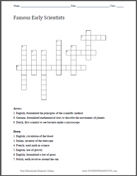 Famous Early Scientists Crossword Puzzle - Free to print (PDF file).