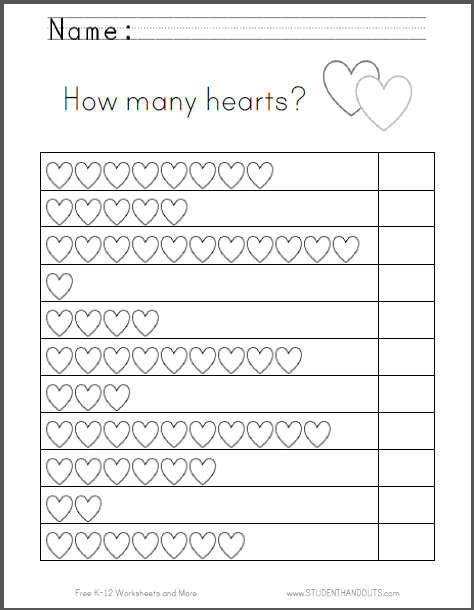 How Many Hearts Counting Worksheet - Free to print (PDF file) for kindergarten.