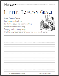 Little Tommy Grace - Nursery rhyme worksheets are free to print (PDF files).