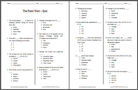 Punic Wars Pop Quiz 18 Questions Student Handouts