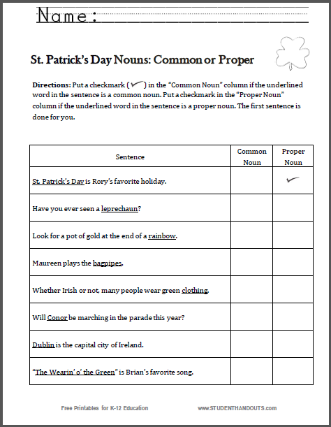 Saint Patrick's Day Nouns Worksheet for Kids - Free to print (PDF file).