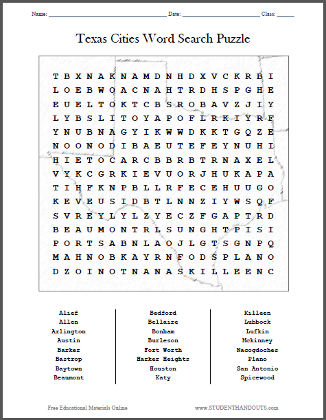 Texas Cities Word Search Puzzle - Free to print (PDF file).