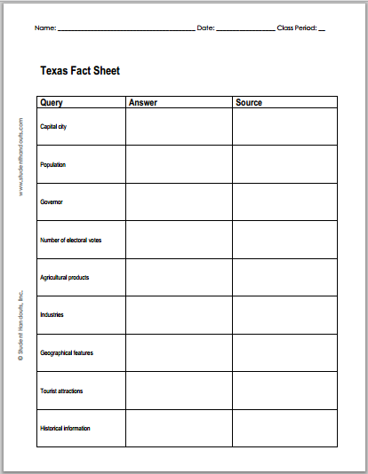Texas Facts Blank Worksheet - Free to print (PDF file).