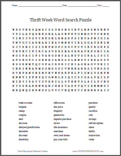 Thrift Week Word Search Puzzle - Free to print (PDF file).