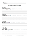 American Coins Identification, Handwriting, and Spelling Worksheet