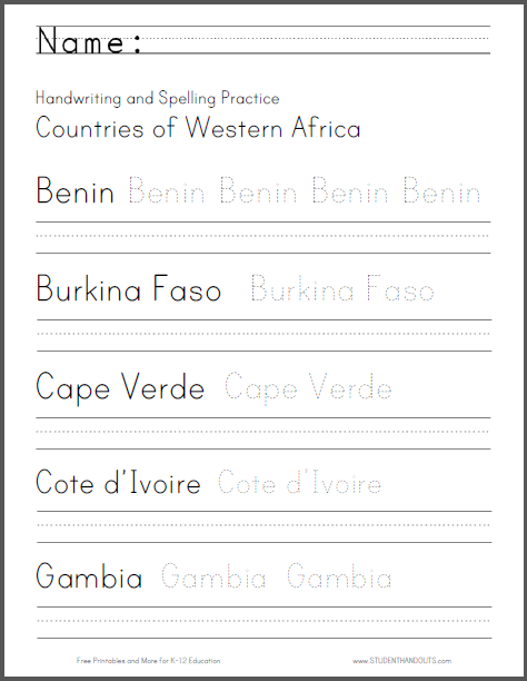 western african countries handwriting and spelling practice worksheets