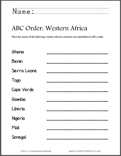 western african countries abc order worksheet student