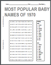 1970 Most Popular Baby Names Word Search Puzzle