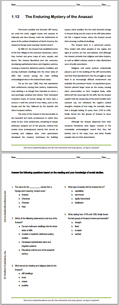 "The Enduring Mystery of the Anasazi" Reading with Questions for High School United States History Students