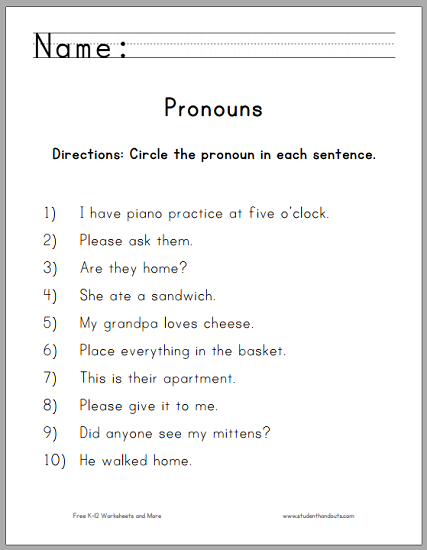 Circle the Pronouns Worksheet - For first grade. Free to print (PDF file).