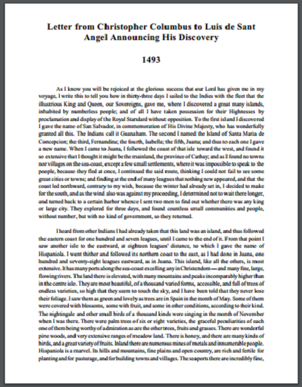 Letter from Christopher Columbus to Luis de Sant Angel Announcing His Discovery (1493) - Free to print (PDF file) of this historical primary source document.