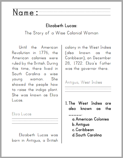 Eliza Lucas Workbook for Kids - For lower elementary. Free to print (PDF file).
