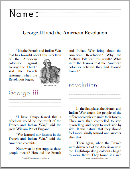 George III and the American Revolution - Free printable workbook for lower elementary.