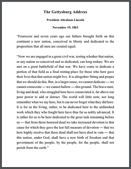 Gettysburg Address 1863 Student Handouts