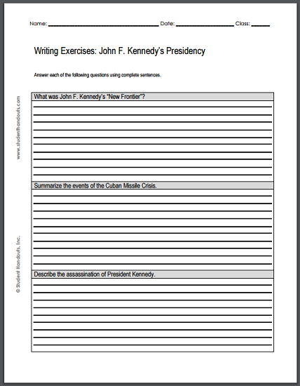 Writing Exercises Worksheet: John F. Kennedy's Presidency - Free to print (PDF file).