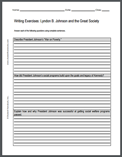 Lyndon Johnson and the Great Society Writing Exercises - Worksheet is free to print (PDF file) for high school United States History students.
