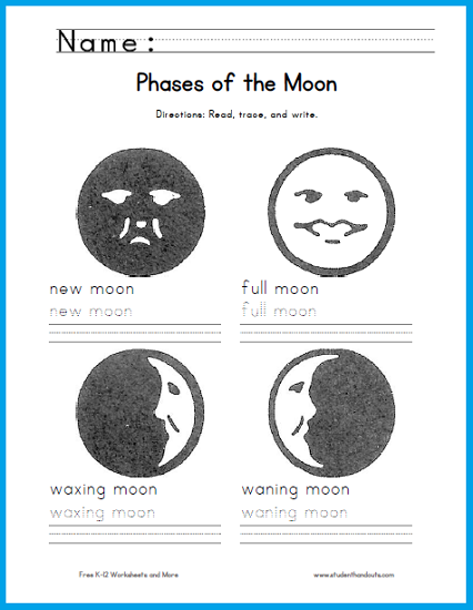 Moon Phases Handwriting Worksheet Student Handouts