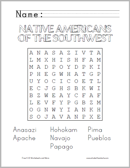 Native Americans of the Southwest - Word search puzzle is free to print (PDF file).