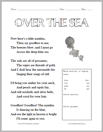 "Over the Sea" Poem Worksheet for Children - Free to print (PDF file).