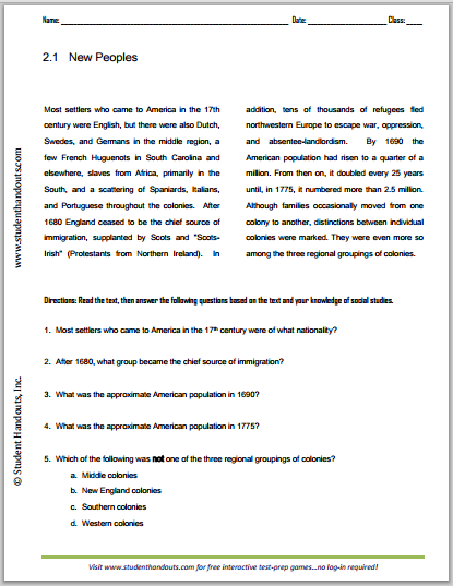 New Peoples American History Reading with Questions for High School