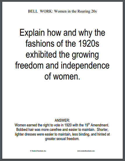 1920s Fashion Bell Work Question - Free to print (PDF file).