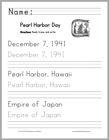 Pearl Harbor Day (December 7, 1941) Handwriting and Spelling Worksheet - Free to print (PDF file).