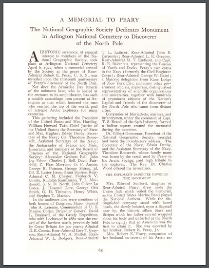 North Pole Exploration: "A Memorial to Peary: The National Geographic Society Dedicates Monument in Arlington National Cemetery to Discoverer of the North Pole," National Geographic, June, 1922.