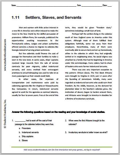 "Settlers, Slaves, and Servants" Reading with Questions for High School United States History Students